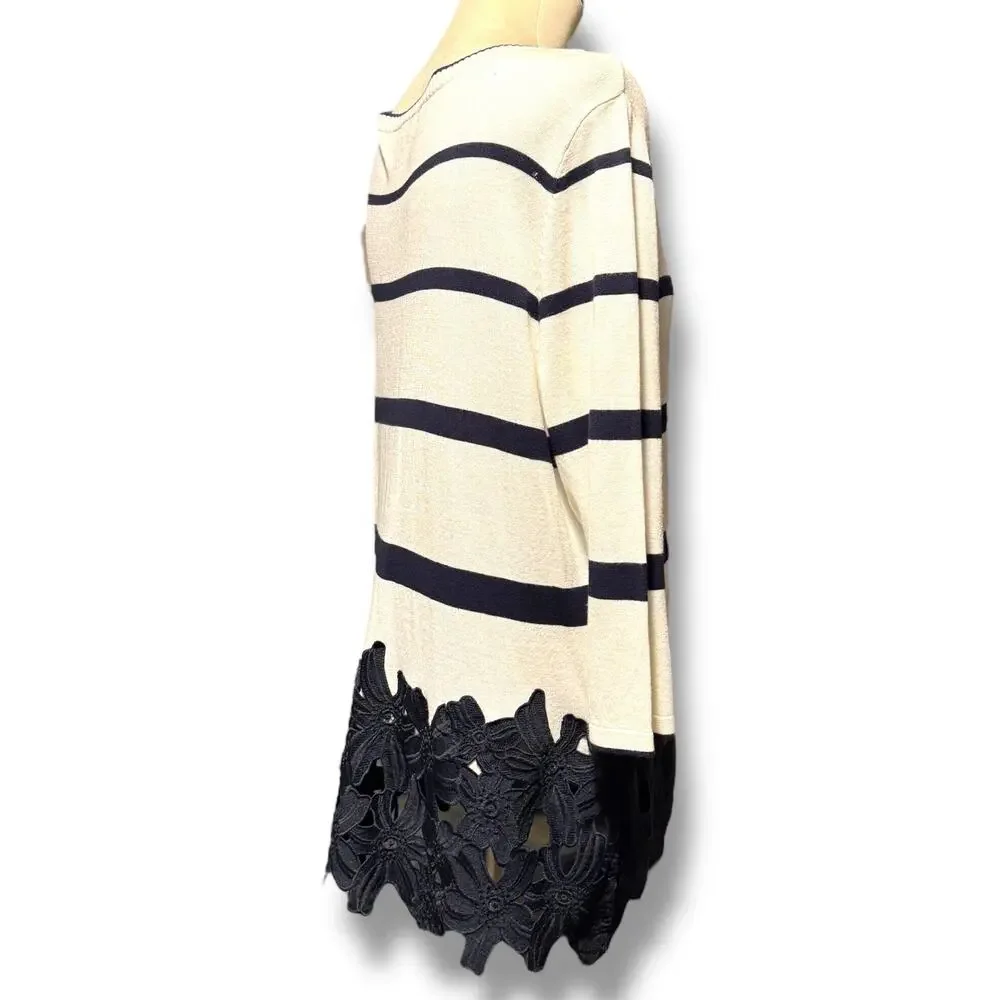 Lane Bryant Floral Applique Lace Hem 3/4 Sleeve Navy Stripe White Sweater 14/16